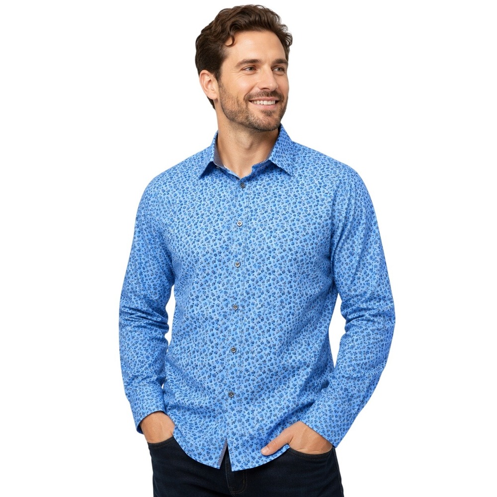 Jos. A. Bank Traveler Mens Large Dress Shirt Formalware Blue Floral Print Office